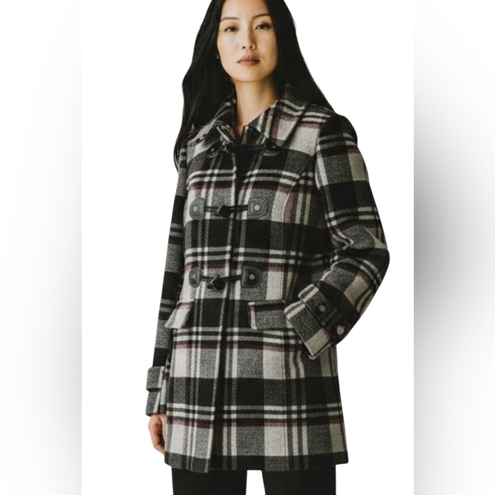 Ricki's Black & Gray Plaid Pea Coat, wool blend, zip/snaps/toggles, Size Small